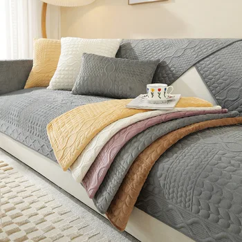 Утолщенный плюшевый чехол для дивана с геометрическим рисунком пшеничного колоса, Стеганое полотенце для диванов, противоскользящая комбинированная подушка для дивана, чехол для гостиной