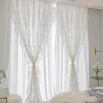 Французские занавески принцессы в стиле ретро, белые кружевные занавески с рюшами для гостиной, двухслойная ткань Lotus Cortina Voiles для спальни для детей и девочек