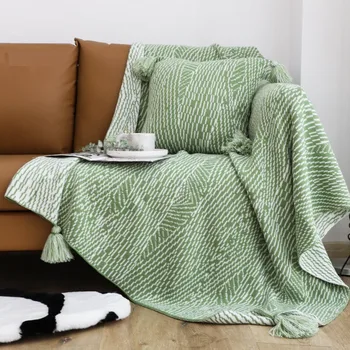 Скандинавское вязаное одеяло с кисточками, зеленые декоративные текстурированные одеяла для дивана-кровати, легкие пледы из плотной вязки