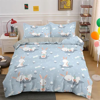 Милый Комплект постельного белья с Мультяшным Кроликом, Небесно-Голубой Пододеяльник для дома, Украшения для спальни для девочек и подростков, Стеганое одеяло, Стеганое одеяло