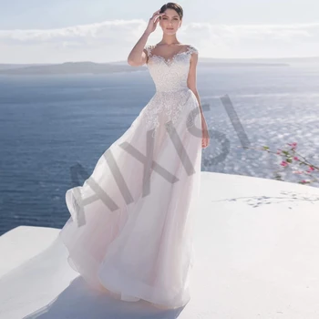Свадебное платье Jasmine Illusion с Круглым вырезом и коротким рукавом, Платье Невесты Трапециевидной формы, Кружевные аппликации, Пляжный Халат для торжественных случаев, Женское платье