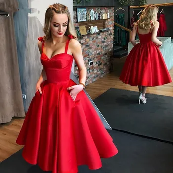Красные короткие вечерние платья 2022 формальное атласная Пром платья милая спагетти ремень открытая спина трапеция пляж платье принцессы