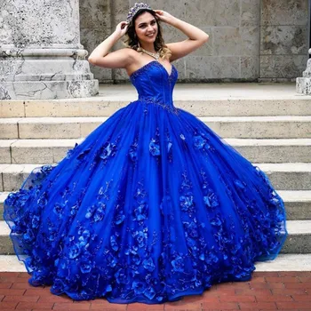 Королевское Синее Пышное Платье с Блестками и Бусинами в виде Сердца, Цветы, Принцесса, Вечернее Милое 16 Бальное Платье, Vestidos De 15 Años