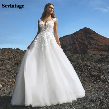 Свадебные платья Sevintage 2021 С Кружевными аппликациями в виде 3D Цветов, Без рукавов, Трапециевидной формы, с открытой спиной, Платья Невесты с V-образным вырезом, Винтажные свадебные платья