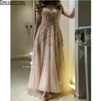 Вечернее платье с длинным рукавом цвета шампанского, расшитое хрусталем, Дубайское Вечернее платье Трапециевидной формы с V-образным вырезом и поясом, Саудовское арабское вечернее платье