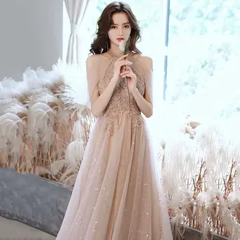 Художественное испытание цвета шампанского, вечернее платье 2023, новое элегантное легкое роскошное платье для ужина, подвесная шея, которую можно носить ежедневно