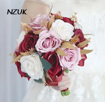 Букет Искусственных цветов NZUK, Искусственные Бордово-белые Букеты цветов Для невест, Розовые Свадебные цветы, Свадебные букеты