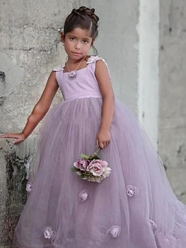 Платья для Девочек с цветочным узором, фиолетовый тюль, Пышный 3D цветок, без рукавов Для свадьбы, Дня рождения, Банкета, Пышных Платьев