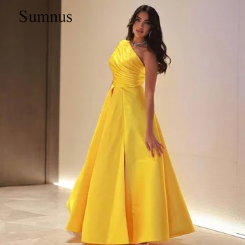 Sumnus желтое атласное вечернее платье с одним плечом, складки с разрезом по бокам, длина до пола, трапециевидные платья для выпускного вечера, вечерние платья в саудовском арабском стиле