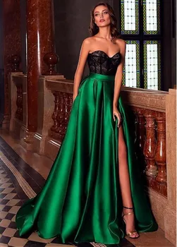 Темно-Зеленое Длинное Вечернее Платье с Разрезом, Черный Кружевной Топ, Милая Длина До пола, Вечерние Платья Для Выпускного Вечера, vestidos elegantes para mujer