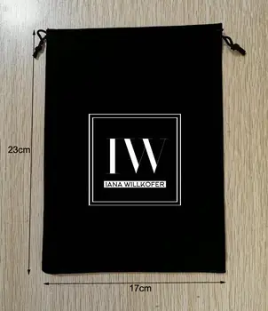 500 шт., индивидуальный логотип, 17x23 см, Черные бархатные сумки, Подарочная упаковка на шнурке, Сумки с белым логотипом