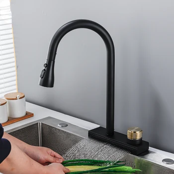 Кухонный кран с водопадом черного цвета Может тянуть 4 способа отвода воды Холодным и горячим Латунным краном для раковины с одним отверстием