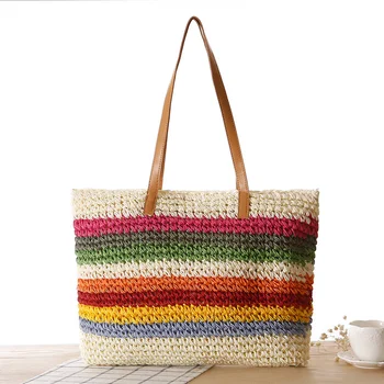 Полосатая радужная сумка через плечо с рисунком из плетеной травы для пляжного и повседневного образа